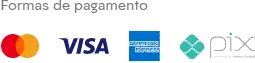 Formas de pagamento: Mastercard, Visa, American Express e Pix